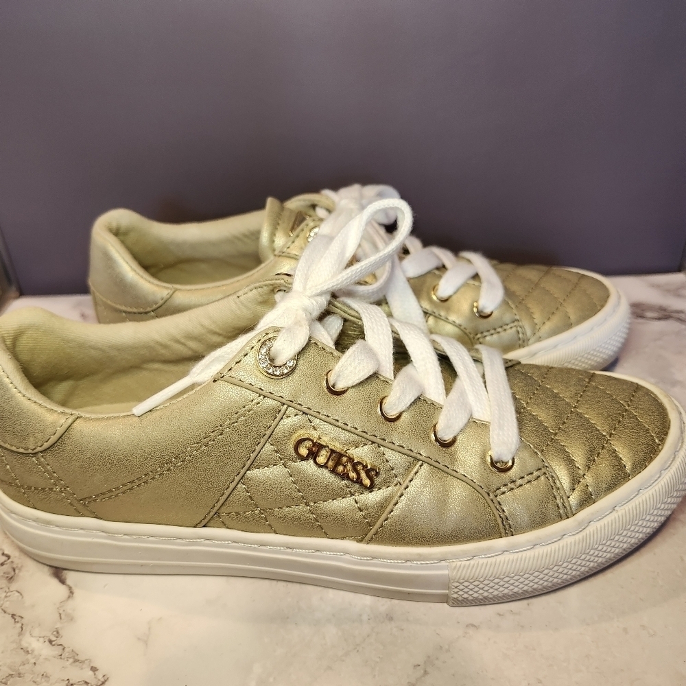 GUESS Size 6.5 Metallic Gold Bling Sneakers - Picture 2 of 7
